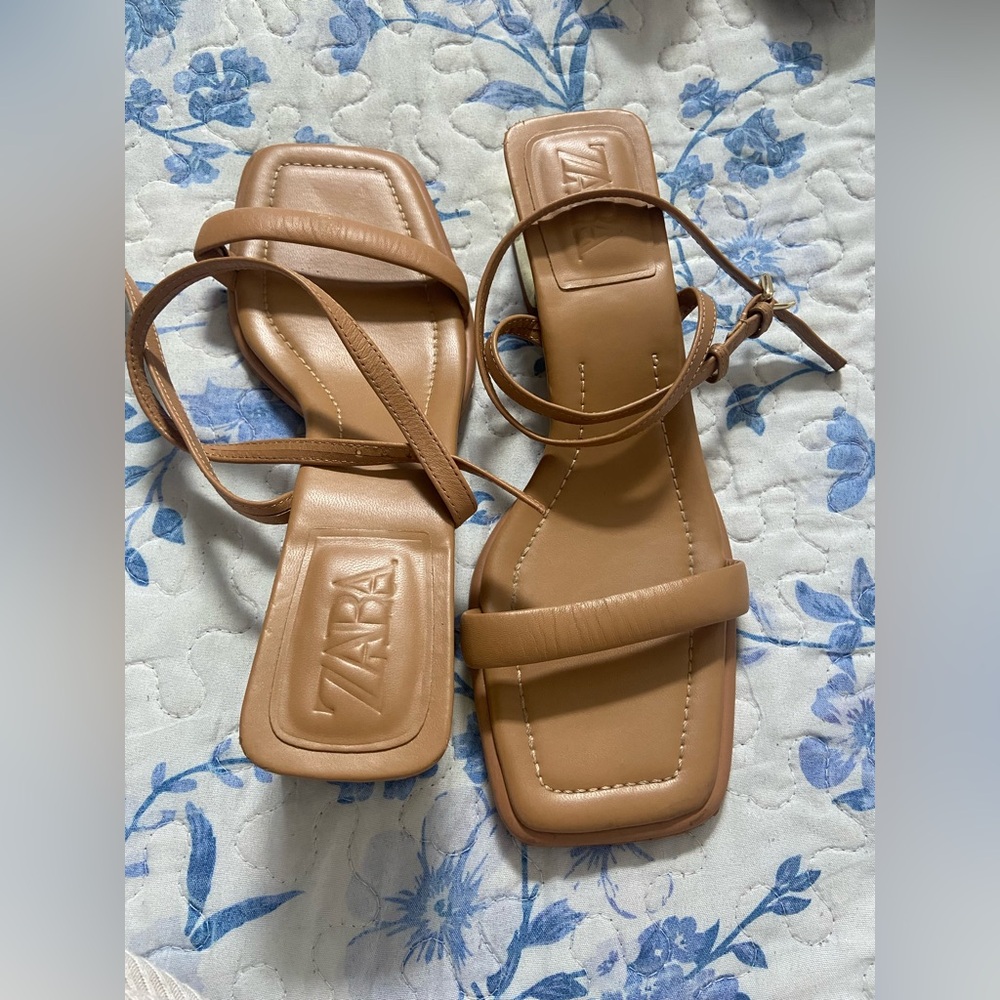 Zara Tan Strappy Square-Toe Ankle Wrap Sandals